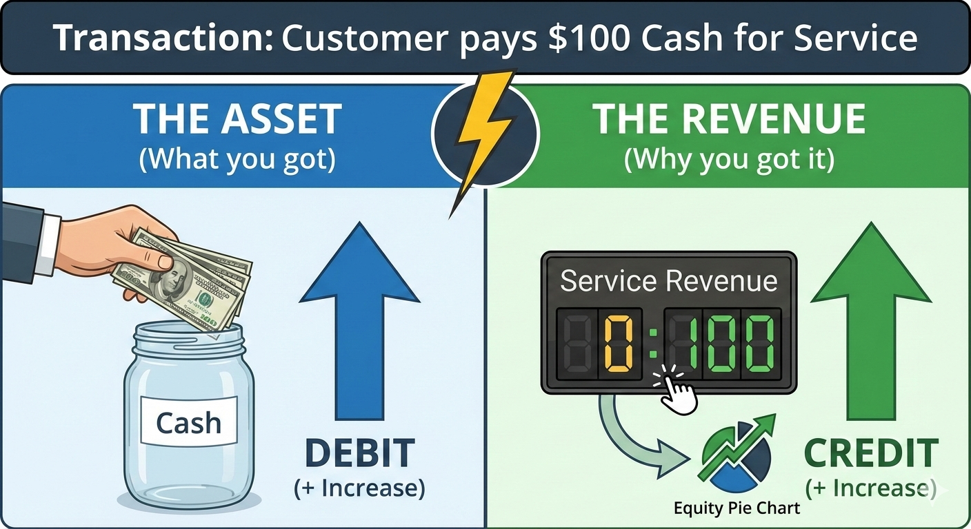 Transaction: Customer pays $100 Cash for Service